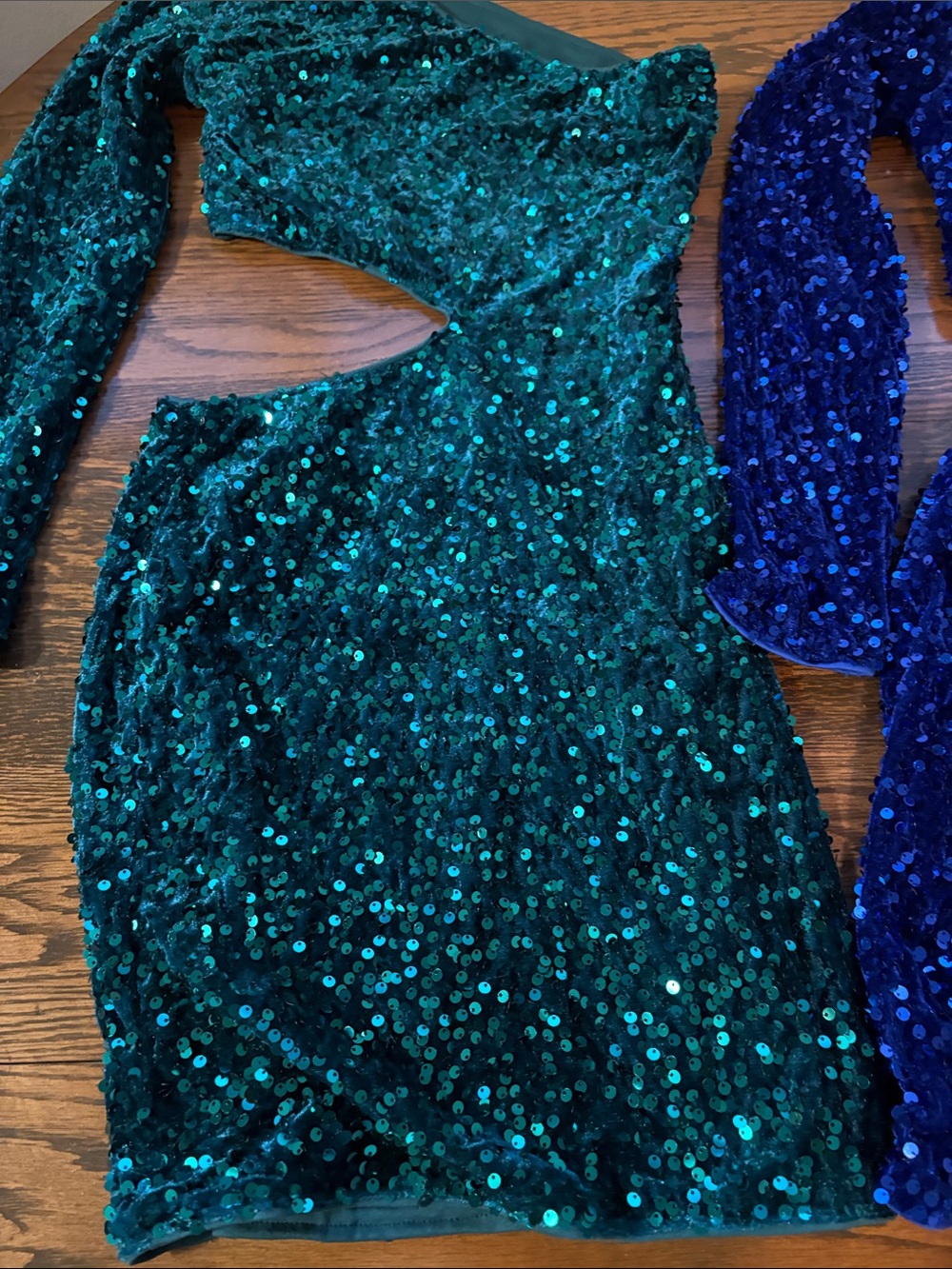 Two Woman’s Sequin One-Shoulder Cutout Dress - Teal and Royal Blue - Picture 4 of 11